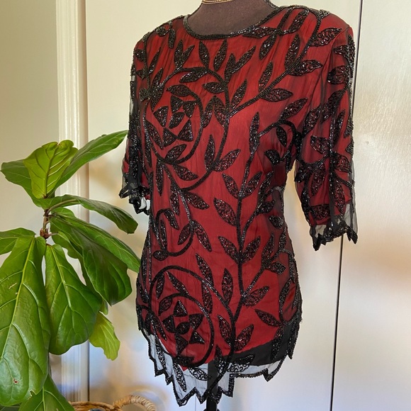 Vintage Deep Red Beaded Blouse | Silk Blouse - Picture 9 of 14